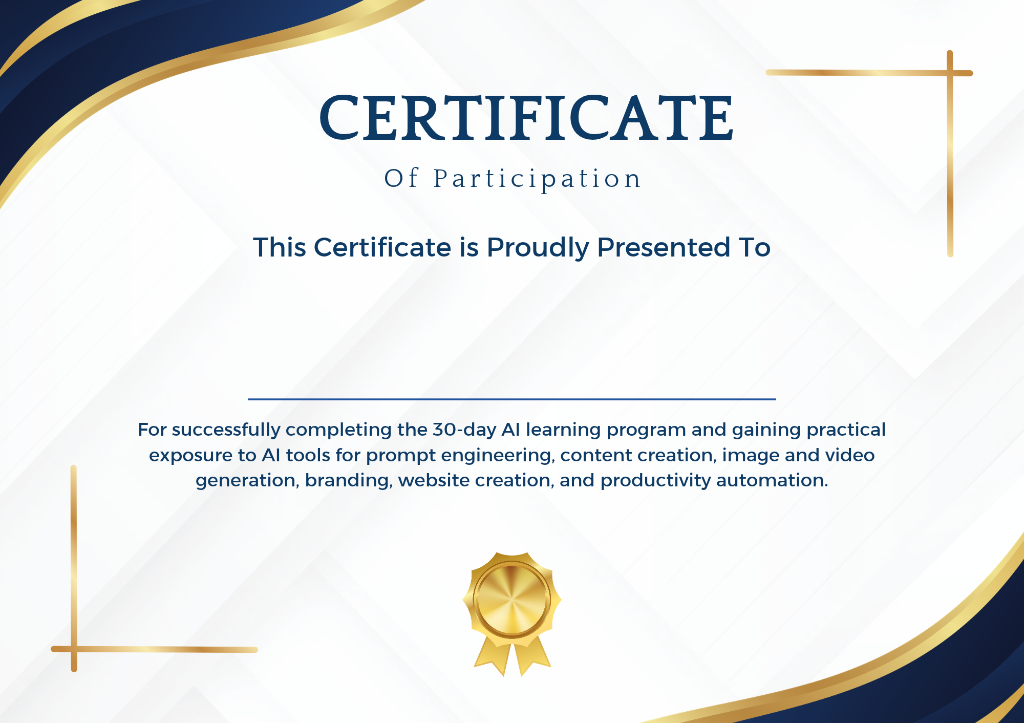 30-Day AI Challenge Certificate of Participation