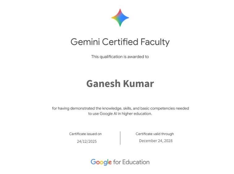 Gemini Certified Faculty - Ganesh Kumar Google for Education Certificate