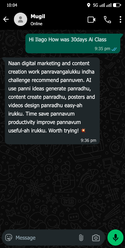 Mugil WhatsApp Feedback — Digital Marketing, Posters & Video Creation