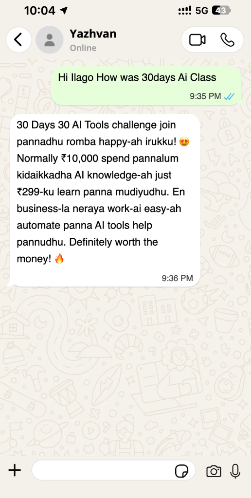 Yazhvan WhatsApp Feedback — ₹10,000 AI Knowledge for ₹299 & Work Automated